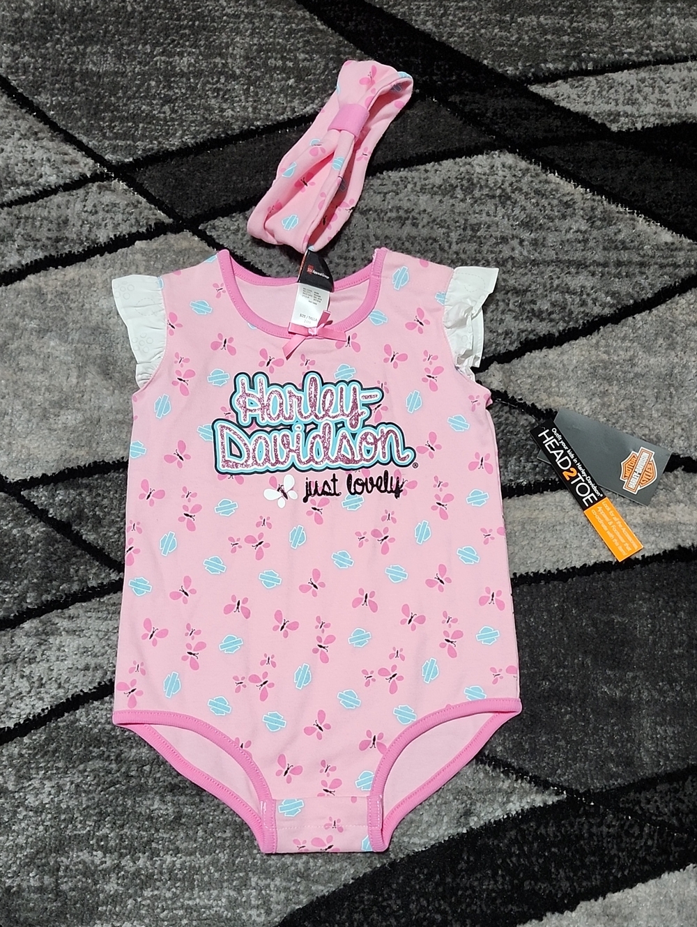 HARLEY DAVIDSON 2015 INFANT GLITTER BUTTERFLY BAR & SHIELD BODYSUIT & HEADBAND